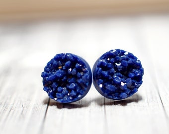 Tiny Indigo Earrings, Dark Blue Druzy Earrings, Sparkly Jewelry, Navy Wedding Jewelry, Navy Blue Studs 8mm Size