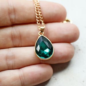 Emerald Green Necklace, Green Rhinestone Teardrop Pendant, Dark Green Jewel, Estate Style Jewelry, Gold Chain image 1