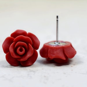 Red Rose Earrings, Cottage Chic Vintage Style, Dark Red Boho Chic Studs Plant Lovers Garden Gift Ideas