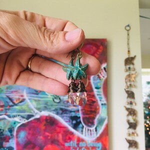 Verdigris Starfish Earrings, Teal Green Patina Starfish Jewelry, Beach Jewelry, Funky Dangles, Wire Wrapped Crystal Teardrops image 5