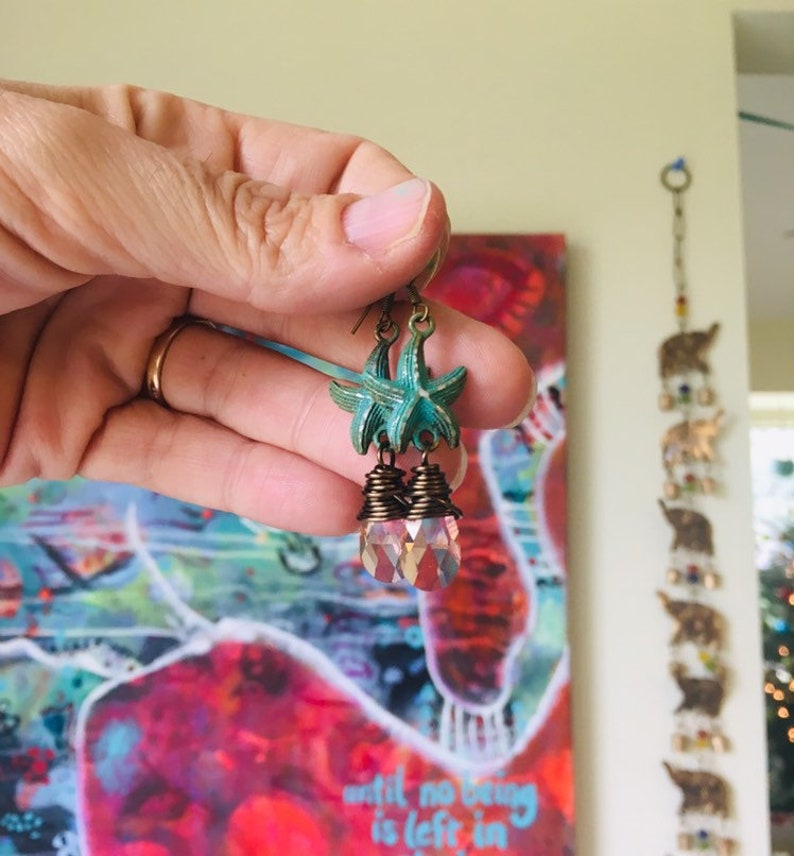 Verdigris Starfish Earrings, Teal Green Patina Starfish Jewelry, Beach Jewelry, Funky Dangles, Wire Wrapped Crystal Teardrops image 5