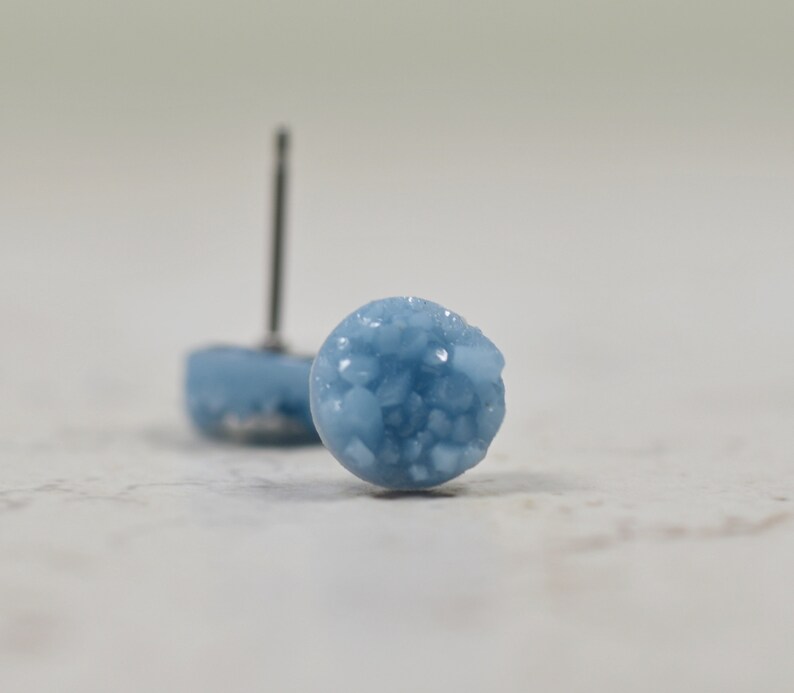 Denim Blue Druzy Earrings, Tiny Druzy Earrings, Cornflower Blue, Twilight Blue, Periwinkle, Small Studs Faux Druzy Jewelry, 8mm Size image 1