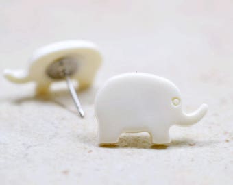 White Elephant Earrings, Boho Chic Studs, Happy Elephants Vegan Jewelry, Bohemian Hippie Jewelry, Upcycled Vintage Buttons