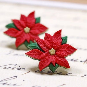 Large Red Poinsettia Earrings, Christmas Jewelry, Holiday Accessories Red Green Gold Winter Flowers Christmas Decorations, Ornaments