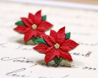 Large Red Poinsettia Earrings, Christmas Jewelry, Holiday Accessories Red Green Gold Winter Flowers Christmas Decorations, Ornaments