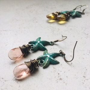 Verdigris Starfish Earrings, Teal Green Patina Starfish Jewelry, Beach Jewelry, Funky Dangles, Wire Wrapped Crystal Teardrops image 3