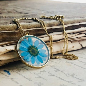 Blue Daisy Necklace, Turquoise Flower Necklace, Gold Satellite Chain, Pressed Flower Pendant, Keepsake Jewelry Botanical Jewelry