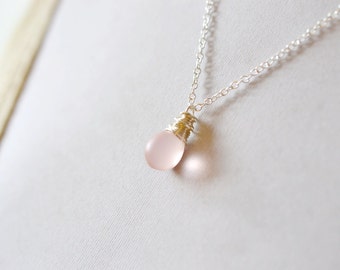 Pastel Pink Teardrop Necklace, Sterling Silver, Wire Wrapped Pendant