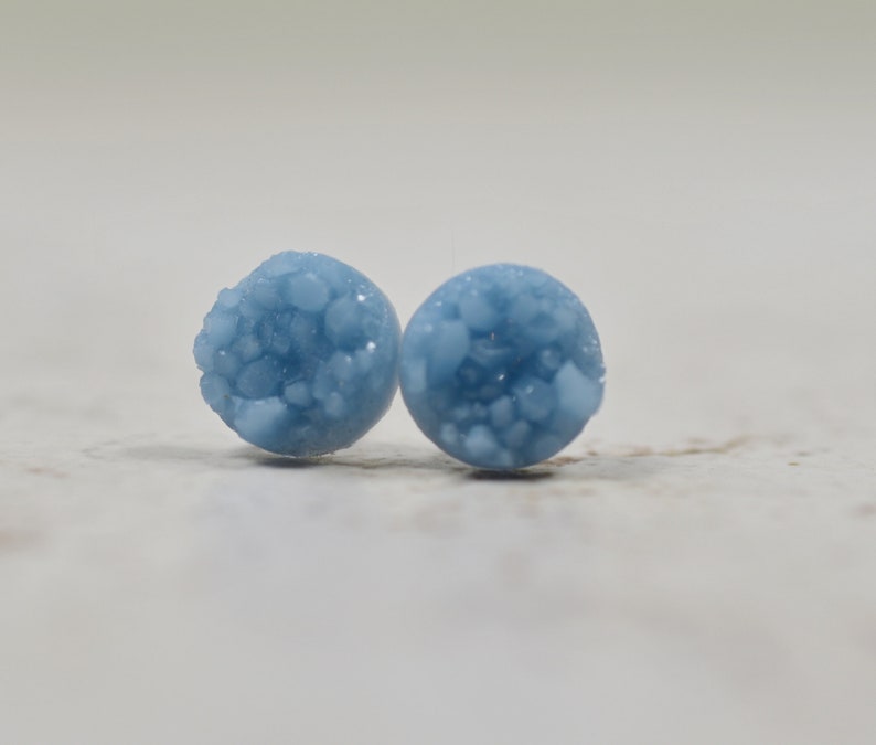 Denim Blue Druzy Earrings, Tiny Druzy Earrings, Cornflower Blue, Twilight Blue, Periwinkle, Small Studs Faux Druzy Jewelry, 8mm Size image 2