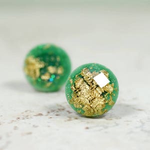 Emerald Green Earrings, Green and Gold Flake Earrings, Gold Leaf Simple Jewelry, Green Jewelry, Minimal Earrings, Emerald Posts, 12mm Size image 1