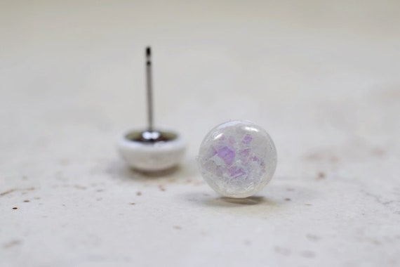 Tiny White Opal Earrings, Faux Opal Resin Earrings, White Post Earrings Round Earrings Sparkly Studs Stainless Steel Hypoallergenic Earrings