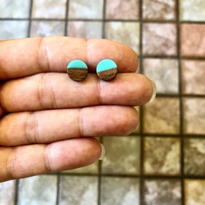 Modern Teal Wood Earrings, Teal Blue and Woodgrain Stud Earrings, Handmade Minimalist Jewelry