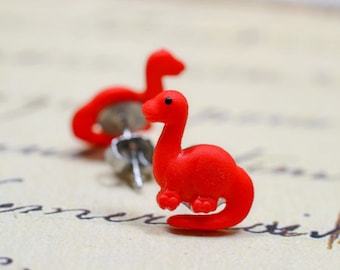 Red Dinosaur Earrings, Brontosaurus Cute Dino Jewelry, Posts on Stainless Steel, Sensitive Ears Red Studs Jurassic Brachiosaurus