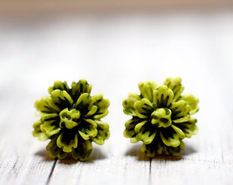 Green Dahlia Earrings, Avocado Green Watercolor Flower Earrings, Olive Green Dahlia Blossoms, Botanical Jewelry, Speckled Floral Jewelry