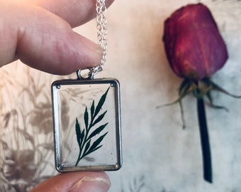 Natural Fern Necklace, Tiny Preserved Fern Leaf, Silver Rectangle Window Frame Pendant, Dried Green Leaves, Jewelry Seconds