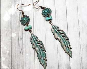 Copper Feather Earrings, Turquoise Feather Earrings, Teal Green Verdigris Antique Copper Earrings, Dangling Feathers, Boho Jewelry