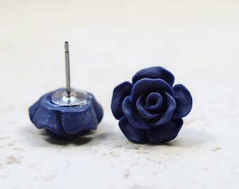 Navy Rose Earrings, Cottage Chic Vintage Style, Dark Navy Blue Boho Chic Studs Plant Lovers Garden Gifts, Deep Blue Indigo, Sargasso Sea