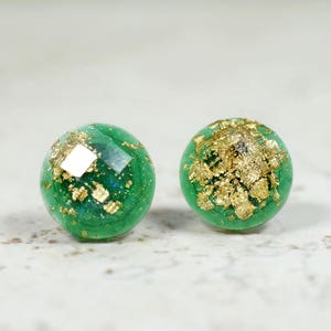 Emerald Green Earrings, Green and Gold Flake Earrings, Gold Leaf Simple Jewelry, Green Jewelry, Minimal Earrings, Emerald Posts, 12mm Size image 2