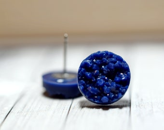 Pendientes de botón de drusa azul marino, joyería índigo, 12 mm