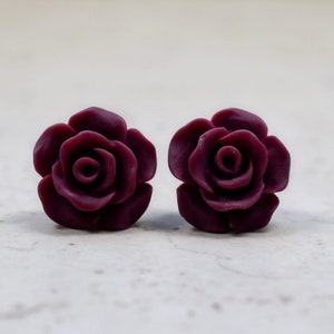 Burgundy Rose Earrings, Cottage Chic Vintage Style, Dark Wine Maroon Boho Chic Studs Plant Lovers Garden Gift Ideas image 2