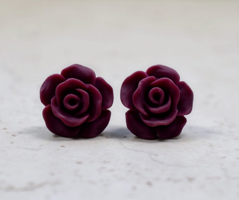 Burgundy Rose Earrings, Cottage Chic Vintage Style, Dark Wine Maroon Boho Chic Studs Plant Lovers Garden Gift Ideas image 2