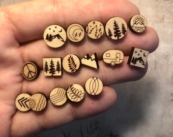 Wood Earrings, Laser Engraved Wooden Stud Earrings, Handmade Gifts, Mountains Trees Leaves Nature Jewelry