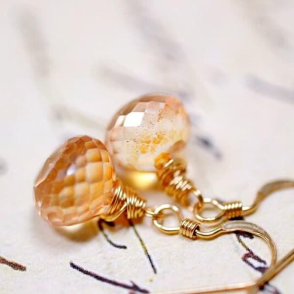 Peach Gemstone Earrings, 14k Gold Fill Wire Wrapped Dangles Apricot Quartz Briolette Earrings Tiny Drops Champagne Dangles Gemstone Earrings