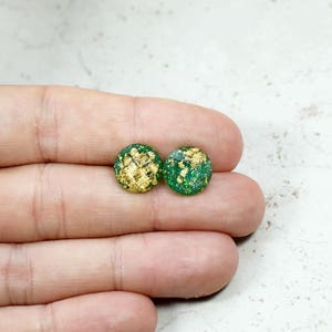 Emerald Green Earrings, Green and Gold Flake Earrings, Gold Leaf Simple Jewelry, Green Jewelry, Minimal Earrings, Emerald Posts, 12mm Size image 4