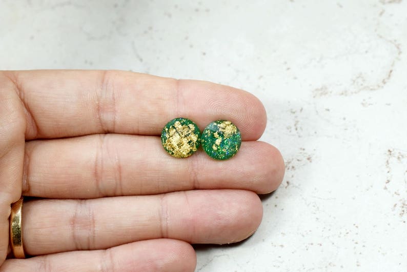 Emerald Green Earrings, Green and Gold Flake Earrings, Gold Leaf Simple Jewelry, Green Jewelry, Minimal Earrings, Emerald Posts, 12mm Size image 4