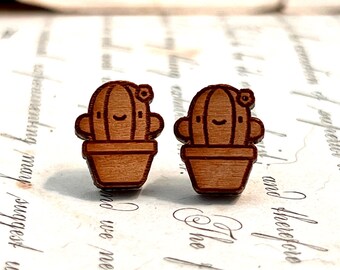 Pendientes de cactus pequeños, pendientes de madera, joyas de cactus pequeños, amantes de las suculentas, amante de las plantas.