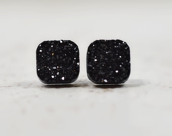 Sparkly Black Square Earrings, Black Druzy Earrings, 10mm Square Faux Druzy, Metallic Black Posts, Geometric Jewelry