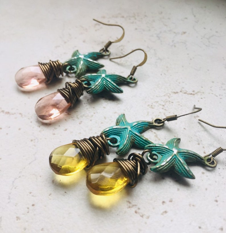Verdigris Starfish Earrings, Teal Green Patina Starfish Jewelry, Beach Jewelry, Funky Dangles, Wire Wrapped Crystal Teardrops image 1