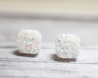 White Druzy Earrings, Sparkly White Square Earrings, Mystic Rainbow White, 10mm Square Faux Druzy, Confetti Earrings, Geometric Jewelry