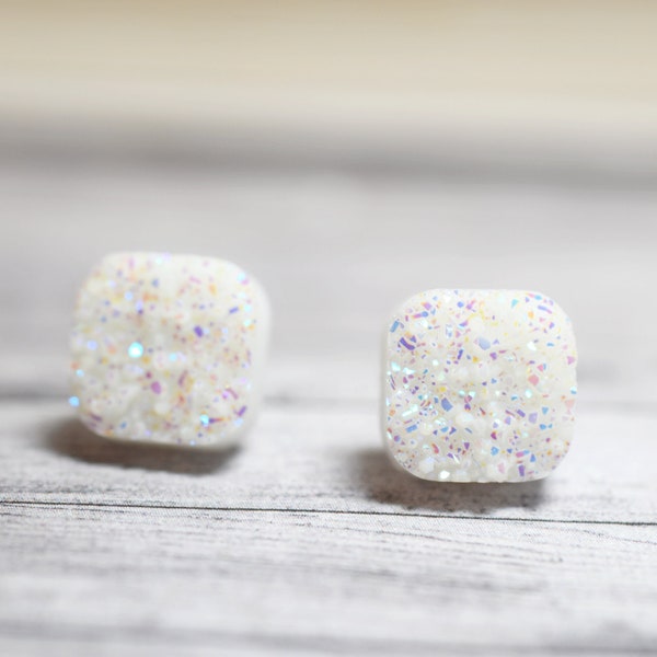 White Druzy Earrings, Sparkly White Square Earrings, Mystic Rainbow White, 10mm Square Faux Druzy, Confetti Earrings, Geometric Jewelry