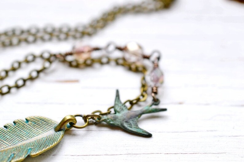 Feather Charm Necklace Bird Charm Blue Quartz Crystal Charns Brass Beading Chain BOHO CHIC