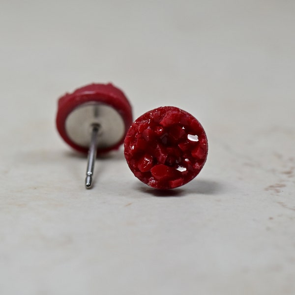 Scarlet Red Druzy Earrings, Ruby Red Faux Druzy, Tiny Red Studs, Rich Dark Red Jewelry, Boho Marsala Red, Small Studs, 8mm Size