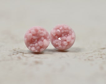 Tiny Pink Druzy Earrings, Pressed Rose Studs, Pastel Pink Round Earrings, Millennial Pink Faux Drusy Posts, Pink Jewelry, 8mm Studs