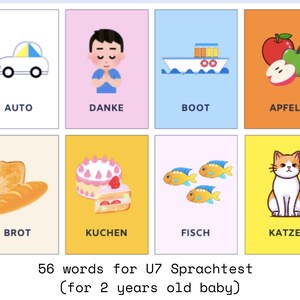 U7 Sprachtest Wortschatz, Tarjetas de palabras en alemán para la prueba oral de niños a partir de 2 años