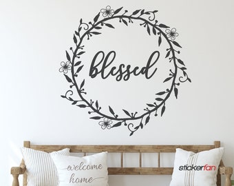 Blessed Laurel Wreath Farmhouse , Monogram Wall Decal, EntrywayWall Decor, Custom Vinyl Sticker, Housewarming/ wedding gifts