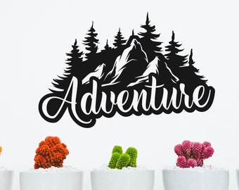 Adventure Mountain Wall Decal, Bedroom, Camper Wall Décor, Tourist Office Décor, Custom Vinyl Sticker, Gift for Travellers