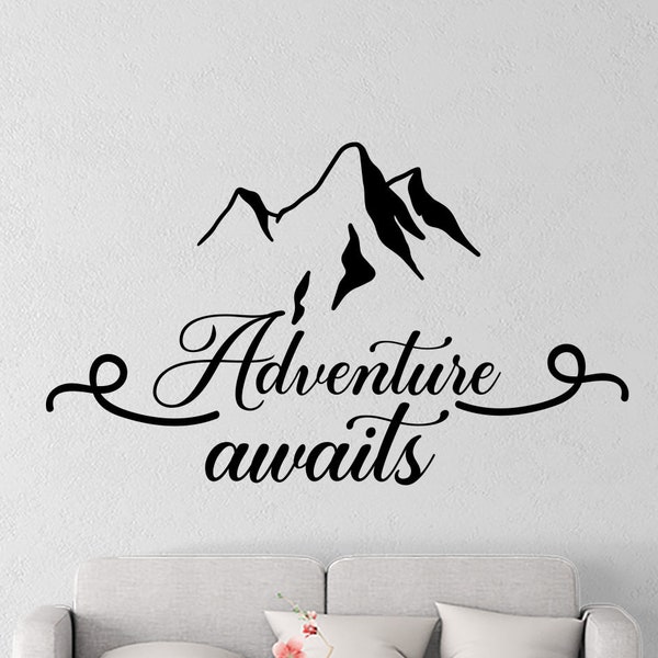 Adventure Awaits Wall Decal, Living Room Wall Decor, Gift Idea for Hikers Backpackers, Mountains Vinyl Stickers & Lettering