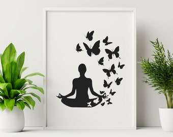 Butterflies Meditation Yoga Wall Decal, Room Wall Decor, Custom Vinyl Stickers & Lettering, Great Gift Idea