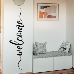 Oficina de letreros de bienvenida, calcomanía de pared de puerta principal, decoración de pared de sala de estar, pegatina de vinilo personalizada