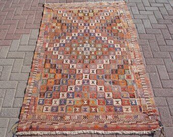 Rustic red kilim entryway rug, vintage oriental area rug, home floor carpet, 3.83 x 6.16 ft, bedroom carpets wool, kitchen decor