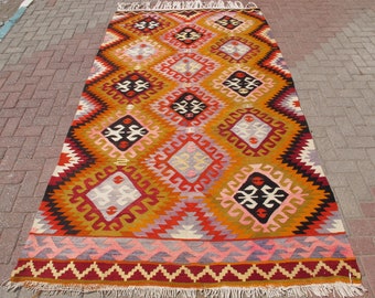 Vintage kilim rug, large area rugs for living room, kitchen carpets, boho home decor, floor carpets, geometric kelim, teppich,5’3” x 9’3” ft