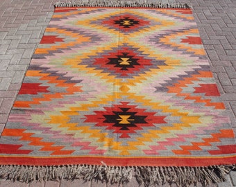 Diamond design colorful bohemian kilim rug, large area kilim rug, wool rustic carpet, home decor, 5.74 x 8.2 ft, home livingroom rug p05