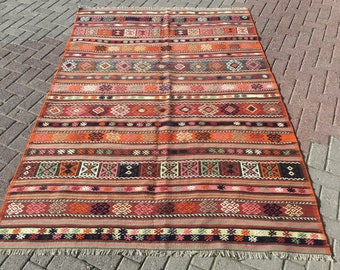 Striped Wool Kilim Rug, Turkish kilim, handmade boho rugs, 5.5 x 7.9 ft, kelim teppich