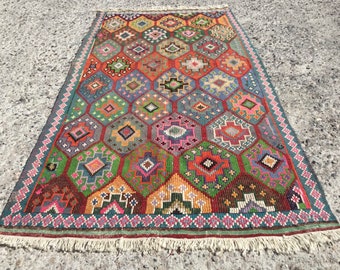 Bohemian area rug  multi colored turkish kilim  vintage home decor carpet  tapis kelim teppich 113” x 59”. 287x150 cm