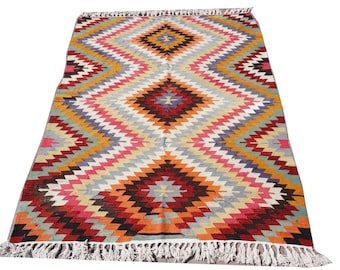 Zig Zag Vintage Kilim Rug,Hand Made Turkish Wool Area Rug,Kilim,Carpet Rug ,Turkish Kilim Rug, Carpet ,Diamond Kelim,Colorful Hippi Rug