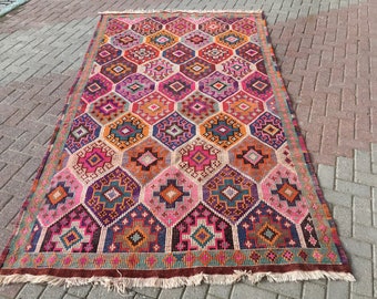 Tapis kilim rose grand kilim turc 6 x 10, décoration maison kilim bohème faite main, tapis de salon